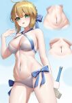  1girl :d absurdres ahoge artoria_pendragon_(fate) artoria_pendragon_(swimsuit_archer)_(fate) bikini blonde_hair blush bow bow_bikini breasts cleavage cleavage_cutout clothing_cutout collarbone commentary_request criss-cross_halter fate/grand_order fate_(series) from_below green_eyes halterneck highres medium_breasts medium_hair multiple_views navel navel_piercing official_alternate_costume okayusonmu open_mouth piercing saber_(fate) simple_background smile swimsuit underboob 