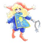  1girl :d bad_drawr_id bad_id ball_and_chain_(weapon) blonde_hair blue_cape blue_eyes blue_shirt cape chain charlotte_(seiken_densetsu_3) full_body hat holding holding_weapon konnyak long_hair looking_at_viewer oekaki open_mouth pom_pom_(clothes) red_hat red_socks seiken_densetsu seiken_densetsu_3 shirt simple_background sleeves_past_wrists smile socks solo tachi-e triangle_mouth weapon white_background 