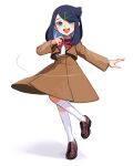  1girl :d absurdres black_hair blue_eyes bow bowtie brown_footwear brown_jacket brown_skirt collared_shirt full_body hair_ornament hairclip highres indigo_academy_school_uniform jacket kneehighs liko_(pokemon) long_sleeves looking_at_viewer medium_hair omoi_moyora_nai open_clothes open_jacket open_mouth pokemon pokemon_(anime) pokemon_horizons red_bow red_bowtie school_uniform shirt shoes skirt smile socks solo teeth upper_teeth_only white_background white_shirt white_socks 