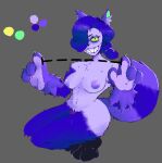 anthro areola blue_body blue_fur bodily_fluids brawl_stars breasts colette_(brawl_stars) crouching domestic_cat eyelashes felid feline felis female fur green_sclera grey_background hi_res looking_at_viewer mammal markings navel nipples nude oimaginacion pubes pupils purple_areola purple_body purple_fur purple_nipples purple_pubes sharp_teeth simple_background slit_pupils smile solo striped_markings striped_tail stripes supercell_(company) sweat sweatdrop tail tail_markings teeth thick_thighs whiskers wide_hips