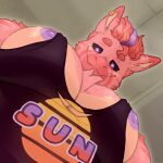 anthro arsun_(lewderdaydreams) asinus black_clothing black_sclera black_shirt black_topwear clothing donkey dragon eastern_dragon equid equine eyebrows fur hair lewderdaydreams looking_at_viewer male mammal mythological_creature mythological_scalie mythology nipples pec_pov_meme piercing pink_body pink_fur prick_ears purple_eyes purple_nipples red_body red_fur red_hair scalie shirt smile snout solo tan_body tan_fur tank_top topwear