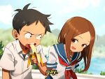  1boy 1girl :d banana blue_sailor_collar blurry blurry_background brown_eyes brown_hair day english_text food fruit grey_shirt highres holding holding_food karakai_jouzu_no_(moto)_takagi-san karakai_jouzu_no_takagi-san khyle. long_hair looking_at_another neckerchief nishikata outdoors parted_bangs red_neckerchief sailor_collar school_uniform shirt short_hair short_sleeves smile subtitled sweatdrop takagi-san 