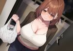  1girl absurdres bag beer_can black_jacket black_pants blush breasts brown_eyes brown_hair can cleavage closed_mouth collarbone door doorway drink_can hair_between_eyes highres holding holding_bag jacket large_breasts looking_at_viewer medium_hair non-web_source original pants railing shirt sidelocks smile solo standing udon_(udonalium) white_shirt 