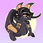 accessory anklet anthro black_body black_scales blue_gem chibi cleo_(illustriousgrave) female furgonomics hi_res horn jewelry kobold one_eye_closed pawpads ring scales solo tail tail_accessory tail_jewelry tail_ring techagau wink yellow_eyes yellow_pawpads