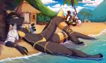 absurd_res anklet anthro beach beverage bikini cleo_(illustriousgrave) clothing container cup drinking female group hakkids2 hi_res hut jacket jeep jewelry kobold orange_eyes palm_tree plant sand surfboard swimwear topwear tree water yellow_eyes