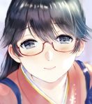  1girl bespectacled black_hair blue_eyes close-up eyebrows_visible_through_hair glasses highres houshou_(kantai_collection) japanese_clothes kantai_collection kimono magai_akashi ponytail red-framed_eyewear semi-rimless_eyewear smile solo tasuki 