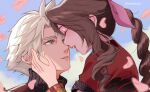  1boy 1girl aerith_gainsborough armor bangle blonde_hair blue_eyes blue_sky bracelet braid braided_ponytail brown_hair cherry_blossoms closed_eyes cloud cloud_strife cloudy_sky couple earrings falling_petals final_fantasy final_fantasy_vii final_fantasy_vii_rebirth final_fantasy_vii_remake grey_shirt hair_between_eyes hand_on_another&#039;s_cheek hand_on_another&#039;s_face hetero jacket jewelry light_blush long_hair looking_at_another open_mouth outdoors parted_bangs parted_lips petals pink_petals red_jacket shirt short_hair short_sleeves shoulder_armor sidelocks single_braid single_earring sky smile softp3ach spiked_hair turtleneck twitter_username upper_body wavy_hair 