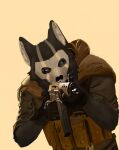 activision anthro armor black_body black_clothing black_fur black_gloves black_handwear bone brown_armor brown_cape brown_clothing call_of_duty call_of_duty:_modern_warfare_(2019) canid canine canis cape clothing dougiegg fur gloves green_clothing green_shirt green_topwear gun handwear hi_res holding_gun holding_object holding_ranged_weapon holding_weapon magazine_pouch male male_focus mammal mask military parody pouches ranged_weapon reference_to_character shirt simon_riley sketch skull skull_mask solo solo_focus topwear weapon wolf wolf_ears