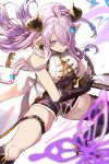  1girl asymmetrical_gloves bare_shoulders black_gloves black_legwear blue_eyes braid breasts bug butterfly cleavage draph fingerless_gloves gloves granblue_fantasy hair_ornament hair_over_one_eye high_heels horns insect katana large_breasts lavender_hair long_hair narmaya_(granblue_fantasy) pointy_ears purple_hair simple_background single_braid single_thighhigh sleeveless solo sword thigh_strap thighhighs weapon white_background yashiro_(silver_will) 