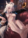  1girl absurdres animal_ears arknights barefoot black_nails coat couch cup feet grey_eyes grin highres holding holding_cup lappland_(arknights) long_hair material_growth mushrooming_man naked_coat on_couch oripathy_lesion_(arknights) phonograph scar scar_across_eye smile soles solo tail toes white_hair window wolf_ears wolf_girl wolf_tail 