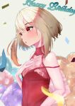  absurdres bare_shoulders blonde_hair dress floral_print hand_on_own_chest happy_birthday highres l_plus_l light_blush nijigen_project nika_lan_linh open_mouth red_dress red_eyes short_hair virtual_youtuber 