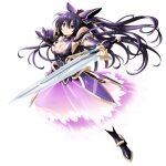 1girl armor armored_dress breasts closed_mouth date_a_live dress full_body large_breasts long_hair official_art overlord_(maruyama) ponytail purple_dress purple_eyes purple_hair shoulder_armor solo sword v-shaped_eyebrows weapon yatogami_tooka 