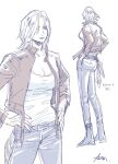  1girl azuma_xoxo_9 blue_eyes breasts dante_(devil_may_cry) denim devil_may_cry_(series) devil_may_cry_5 genderswap genderswap_(mtf) highres holding jeans looking_at_viewer pants shirt smile solo t-shirt white_hair 