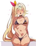  1girl :o ahoge alternate_skin_color bare_shoulders batta_16-sei bikini black_bikini black_choker blonde_hair blush choker clothes_writing commentary_request dark-skinned_female dark_skin hair_ornament hand_on_own_crotch hand_under_clothes hand_under_swimsuit highres hoshikawa_sara implied_masturbation long_hair looking_at_viewer navel nijisanji open_mouth pink_eyes side_ponytail signature simple_background sitting solo stomach swimsuit very_long_hair virtual_youtuber white_background x_hair_ornament yellow_eyes 