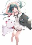  029 1girl animal armpits arms_up bangs bare_arms bare_shoulders barefoot bear blush collarbone dress eyebrows_visible_through_hair feet green_hair hair_ribbon kuma_kuma_kuma_bear kumakyuu_(kuma_kuma_kuma_bear) kumayuru_(kuma_kuma_kuma_bear) long_hair novel_illustration official_art own_hands_together parted_lips red_eyes ribbon short_dress simple_background sleeveless sleeveless_dress toes white_background white_dress yuna_(kuma_kuma_kuma_bear) 