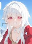  1girl artist_name clara_(honkai:_star_rail) collar detached_collar grin highres honkai:_star_rail honkai_(series) jacket long_hair looking_at_viewer pink_eyes pkokonatu portrait red_jacket smile solo white_collar white_hair 