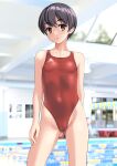  1girl absurdres black_hair breasts brown_eyes cameltoe commentary_request competition_swimsuit covered_navel cowboy_shot highleg highleg_swimsuit highres indoors lane_line one-piece_swimsuit original parted_lips pool red_one-piece_swimsuit short_hair small_breasts solo standing string_of_flags swimsuit takafumi tomboy variant_set 