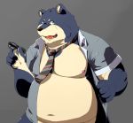  2014 anthro belly canid canine canis clothed clothing domestic_dog humanoid_hands kemono male mammal moobs navel necktie nipples open_shirt overweight overweight_male shirt simple_background solo topwear wdh3905 