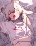  1girl amazuore animal_ears arm_up bed_sheet blue_archive blush closed_eyes clothes_writing collarbone commentary_request drooling english_text facing_viewer fangs grey_hair groin hair_between_eyes highres long_hair lying michiru_(blue_archive) mouth_drool navel on_back open_mouth pillow print_shirt raccoon_ears shirt short_sleeves sleeping solo upper_body very_long_hair white_shirt 