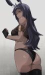  absurdres animal_ears armlet ass bikini black_bikini black_gloves channyy19 dark_skin fingerless_gloves gloves highres long_hair looking_at_viewer looking_back original purple_hair rabbit_ears scar scar_across_eye scar_on_face shaded_face swimsuit thighhighs yellow_eyes 