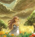  1girl bad_drawr_id bad_id bare_shoulders brown_hair character_request cloud copyright_request dress em_(emily) field flower grass hand_up long_hair oekaki open_mouth orange_flower original outdoors red_flower sky smile solo strapless strapless_dress tree white_dress wind 
