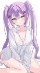  1girl absurdres between_legs blush breasts cleavage green_eyes hair_ornament hairclip hand_between_legs highres hololive long_hair long_sleeves looking_at_viewer medium_breasts naked_shirt parted_lips purple_hair shirt simple_background sitting solo tamamorh tokoyami_towa virtual_youtuber wariza white_background white_shirt 