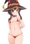  1girl areola_slip areolae arms_behind_back bangs bare_shoulders bikini black_hair black_headwear blush breasts closed_mouth collar collarbone cowboy_shot eyebrows_visible_through_hair frown groin hat hormone_koijirou kono_subarashii_sekai_ni_shukufuku_wo! looking_at_viewer megumin micro_bikini navel red_bikini red_eyes short_hair_with_long_locks sidelocks simple_background small_breasts solo stomach string_bikini swimsuit tassel underboob white_background witch_hat 