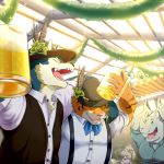  1:1 2015 alcohol anthro beer belly beverage canid canine canis clothing detailed_background eyes_closed felid group hi_res hug humanoid_hands kemono male mammal overweight overweight_male pantherine rhinocerotoid shirt tiger topwear wdh3905 wolf 