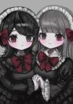  2girls :3 black_dress black_eyes black_hair bow bowtie breasts closed_mouth commission cross-shaped_pupils dress frilled_dress frilled_hairband frills grey_background grey_hair hair_bow hairband heterochromia holding_hands long_hair long_sleeves looking_at_viewer multiple_girls original puffy_sleeves red_bow red_bowtie red_eyes shiona_(siona0625) small_breasts symbol-shaped_pupils upper_body watermark white_hairband 
