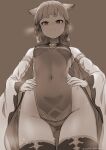  1girl animal_ears armlet ass_visible_through_thighs bare_shoulders blunt_bangs braid breasts closed_mouth covered_navel detached_sleeves erune eyeliner fox_ears granblue_fantasy greyscale hands_on_own_hips highleg highleg_leotard highres leotard long_hair looking_at_viewer makeup monochrome nosuku pholia short_eyebrows side_braids sideless_leotard small_breasts smile solo thighhighs thighs very_long_hair wide_sleeves 