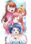  3girls animal_on_head arm_around_neck bird blue_eyes blue_hair blue_shirt blue_sky bow brown_hair closed_eyes cloud cloudy_sky commentary cut_bangs day dress earrings feathers green_eyes hair_bow hair_bun highres hijiri_ageha hirogaru_sky!_precure hood hood_down hoodie jacket jewelry long_hair long_sleeves looking_at_viewer medium_hair muginome_(bakuga_chan2) multiple_girls nijigaoka_mashiro on_head one_eye_closed open_mouth outdoors pink_dress pink_hair pink_hoodie pink_jacket precure sailor_collar shirt single_hair_bun single_sidelock sky smile sora_harewataru stud_earrings two-tone_dress two-tone_shirt w waving white_dress white_sailor_collar white_shirt yellow_bow yuunagi_tsubasa yuunagi_tsubasa_(bird) 