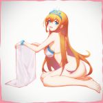  1girl ass bangs bare_shoulders barefoot bikini blue_eyes bottomless braid breasts commentary_request eyebrows_visible_through_hair from_side hair_between_eyes hair_ornament highres holding large_breasts lis_zhu_long long_hair looking_at_viewer open_mouth orange_hair pecorine princess_connect! princess_connect!_re:dive simple_background smile solo swimsuit tiara upper_teeth very_long_hair white_bikini 