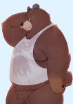  2020 absurd_res animal_crossing anthro belly black_nose bodily_fluids clothing grizzly_(animal_crossing) hi_res humanoid_hands kemono male mammal nintendo overweight overweight_male quanjiang shirt simple_background solo sweat topwear ursid video_games wet 