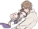  blue_eyes blush braid brown_hair couple cuddling dress earrings elbow_gloves gloves hug jewelry kurokawa_karasu link long_hair pointy_ears princess_zelda purple_dress the_legend_of_zelda the_legend_of_zelda:_twilight_princess twin_braids white_background 