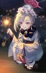  1girl absurdres blue_archive blurry blurry_background closed_mouth commentary evening eyelashes fireworks floral_print flower forehead grey_hair hair_bun hair_flower hair_ornament halo highres holding_fireworks japanese_clothes kimono light_blush long_sleeves looking_at_viewer mutsuki_(blue_archive) mutsuki_(new_year)_(blue_archive) obi obijime official_alternate_costume pink_eyes sandals sash shj1998z shooting_star slit_pupils smile solo squatting swept_bangs tabi tongue tongue_out white_kimono wide_sleeves zouri 