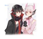  2girls alternate_hairstyle black_coat black_gloves black_hair blush clothing_cutout coat colored_tips commentary crossed_bangs earpiece earrings fake_horns gloves grey_background hair_between_eyes headgear horns jewelry kanane_li liv:_lux_(punishing:_gray_raven) liv_(punishing:_gray_raven) looking_at_viewer lucia:_plume_(punishing:_gray_raven) lucia_(punishing:_gray_raven) mechanical_horns multicolored_hair multiple_girls neck_ribbon necktie open_clothes open_coat own_hands_clasped own_hands_together pink_eyes pink_ribbon pink_shirt punishing:_gray_raven red_eyes red_necktie ribbon shirt short_hair shoulder_cutout small_horns smile two-sided_coat two-sided_fabric upper_body variant_set white_eyes 
