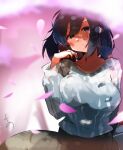  1girl black_hair blue_eyes breasts brown_skirt highres kantai_collection looking_at_viewer medium_breasts official_alternate_costume petals shirt skirt solo souryuu_(kancolle) striped_clothes striped_shirt sunday_aki white_shirt 