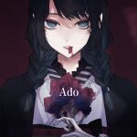 1girl ado_(utaite) black_hair black_jacket blood blood_from_mouth blue_eyes blue_flower blue_rose bouquet braid chando_(ado) cloud_nine_inc fangs flower frilled_shirt_collar frills gloves hair_over_shoulder highres holding holding_bouquet holding_flower jacket long_hair looking_at_viewer low_twin_braids mole mole_under_eye orihara_(ewkkyorhr) petal_in_mouth red_background red_flower red_rose rose slit_pupils solo straight-on twin_braids upper_body white_gloves 