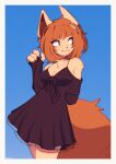  1girl :3 acinaces animal_ears animal_nose black_dress border breasts brown_eyes cleavage clothing_cutout collarbone dress furry furry_female grey_border highres looking_to_the_side medium_breasts original shoulder_cutout simple_background sleeves_past_wrists smile solo tail 
