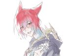  1boy 1other blush braid cloak crystal_exarch final_fantasy final_fantasy_xiv from_side g&#039;raha_tia holding_hands hood hood_down hooded_cloak long_hair male_focus material_growth miqo&#039;te pov pov_hands red_eyes red_hair simple_background slit_pupils smile solo_focus tladpwl03 white_background 
