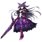  1girl alternate_costume armor armored_dress bow breasts closed_mouth dark_persona date_a_live dress full_body hair_bow long_hair medium_breasts official_art overlord_(maruyama) purple_dress purple_eyes purple_hair solo sword v-shaped_eyebrows weapon yatogami_tenka 