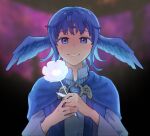  1girl blue_cape blue_eyes blush cape crying crying_with_eyes_open final_fantasy final_fantasy_xiv flower gg_dal head_wings holding holding_flower looking_at_viewer meteion sad_smile smile solo tears upper_body wings 