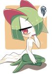  bags_under_eyes colored_skin covering_own_mouth green_hair hair_over_one_eye hand_over_own_mouth highres horns ino_(tellu0120) kirlia looking_at_viewer multicolored_skin on_floor open_mouth orange_background pink_eyes pokemon pokemon_(creature) sidelocks simple_background two-tone_skin white_skin 