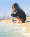  1girl animal barefoot beach bird black_dress city closed_mouth dress duck feet grey_hair highres hugging_own_legs legs long_hair long_sleeves original sam_yang sand smile 