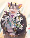 absurd_res anthro belly belphegor_(tas) belt blush bouquet canid canine canis demon eyebrows flower fur grey_body grey_fur hi_res horn lifewonders male mammal one_eye_closed overweight plant seamonsterping solo thick_eyebrows tokyo_afterschool_summoners wink wolf