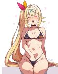  1girl :o ahoge bare_shoulders batta_16-sei bikini black_bikini black_choker blonde_hair blush choker clothes_writing commentary_request hair_ornament hand_on_own_crotch hand_under_clothes hand_under_swimsuit highres hoshikawa_sara implied_masturbation long_hair looking_at_viewer navel nijisanji open_mouth pink_eyes side_ponytail signature simple_background sitting solo stomach swimsuit very_long_hair virtual_youtuber white_background x_hair_ornament yellow_eyes 