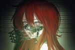  1girl blood blood_on_face blue_eyes bright_pupils collar fangs long_hair looking_at_viewer muzzle open_mouth original portrait red_hair riroi_(rntr_ll) solo spiked_collar spikes 
