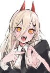  1girl blonde_hair chainsaw_man collared_shirt demon_horns double_v fangs hair_between_eyes highres horns iq033 jacket long_hair looking_at_viewer necktie open_mouth power_(chainsaw_man) red_horns ringed_eyes shirt sketch smile solo symbol-shaped_pupils teeth upper_body v yellow_eyes 