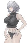  1girl alternate_costume black_panties blush breasts cowboy_shot crop_top english_commentary from_side girls&#039;_frontline grey_eyes grey_hair hand_on_own_hip highres johnny63129616 large_breasts midair open_mouth panties rpk-16_(girls&#039;_frontline) short_hair simple_background sleeveless smile solo teeth underwear white_background 