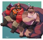 2024 anthro bear belly big_belly black_nose bottomwear canid canine canis clothing controller domestic_dog duo furniture game_controller hat headgear headwear hi_res hoodie kemono male mammal nintendo nintendo_switch overweight overweight_male party_hat realiron_(artist) shirt shorts sitting sofa topwear